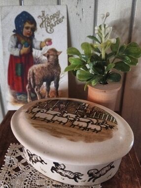 Vignette Trinket Box with Sheep Motif, Antique Postcard, Hand Made Lace Coaster